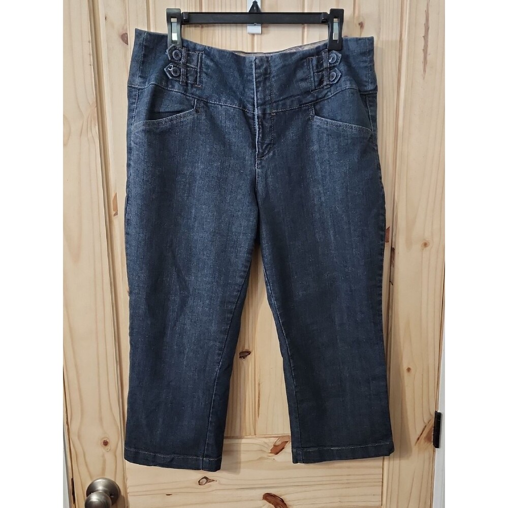 one 5 one Dark Blue Cropped Denim Capri Jeans with Hook Tab Waist